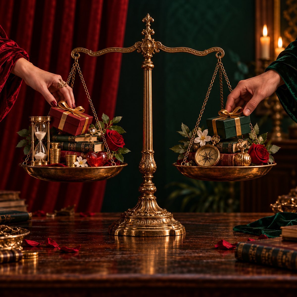 The same brass scales in balance: two hands, in a red and a green sleeve, each placing a gift on its own pan