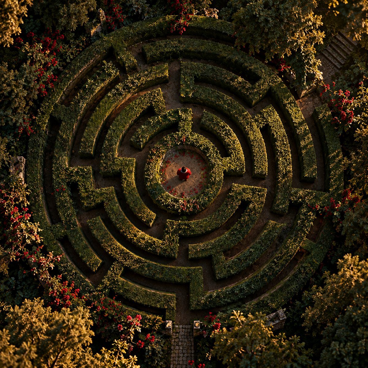 A round hedge maze in a forest seen from above, one small red figure at its centre