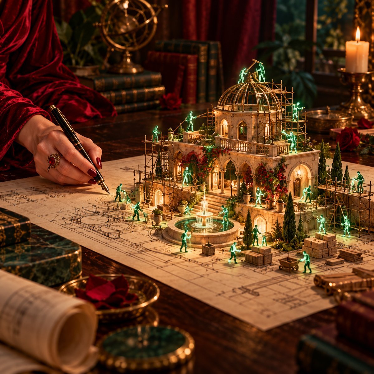 A hand in a red sleeve draws a blueprint, and tiny glowing green builders raise the same building from the drawing