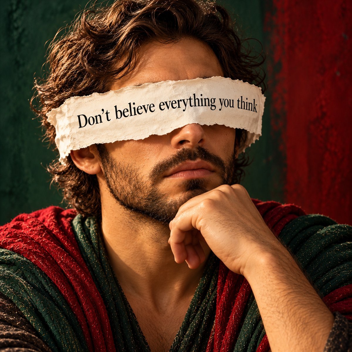 Мужчина с полоской бумаги на глазах и словами Don't believe everything you think