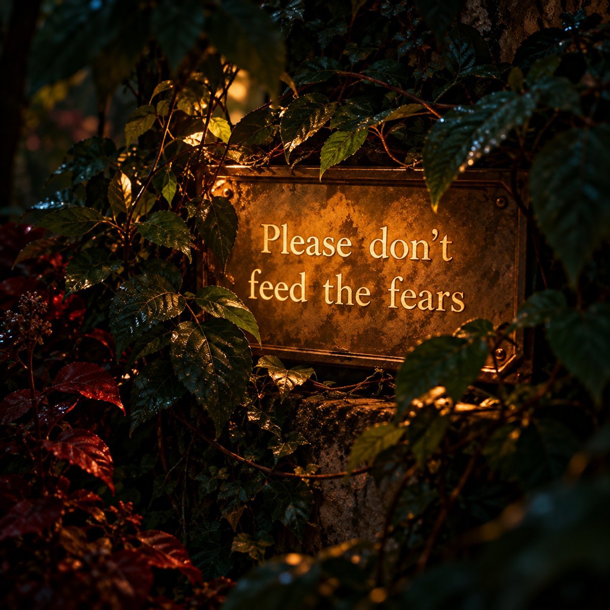 Светящаяся табличка среди ночных листьев со словами Please don't feed the fears