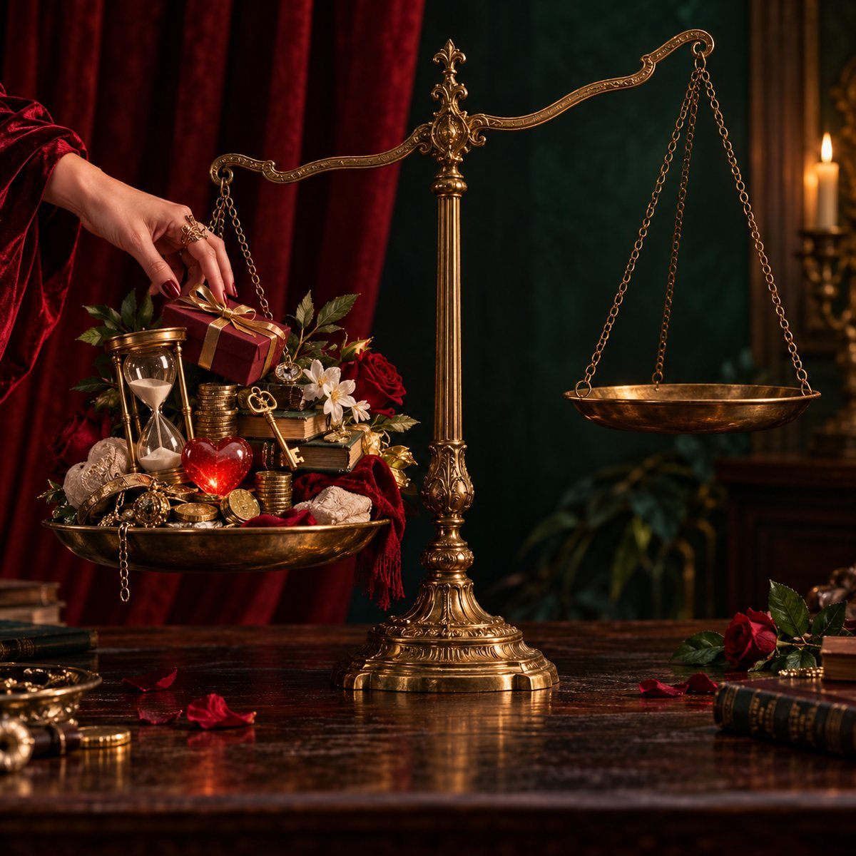 Brass scales: one pan heaped with gifts, a hand in a red sleeve adding one more, the other pan empty and high