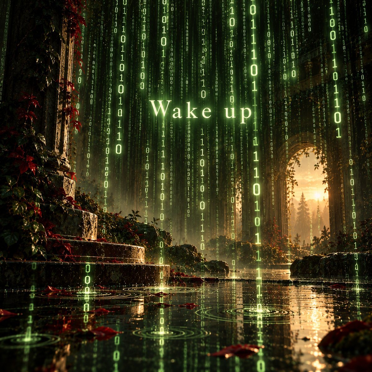 Светящийся код падает, как дождь, со словами Wake up