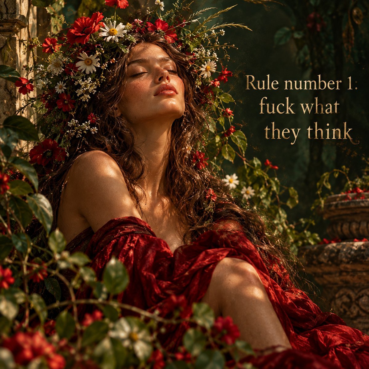 Женщина в венке из полевых цветов с закрытыми глазами и слова Rule number 1: fuck what they think